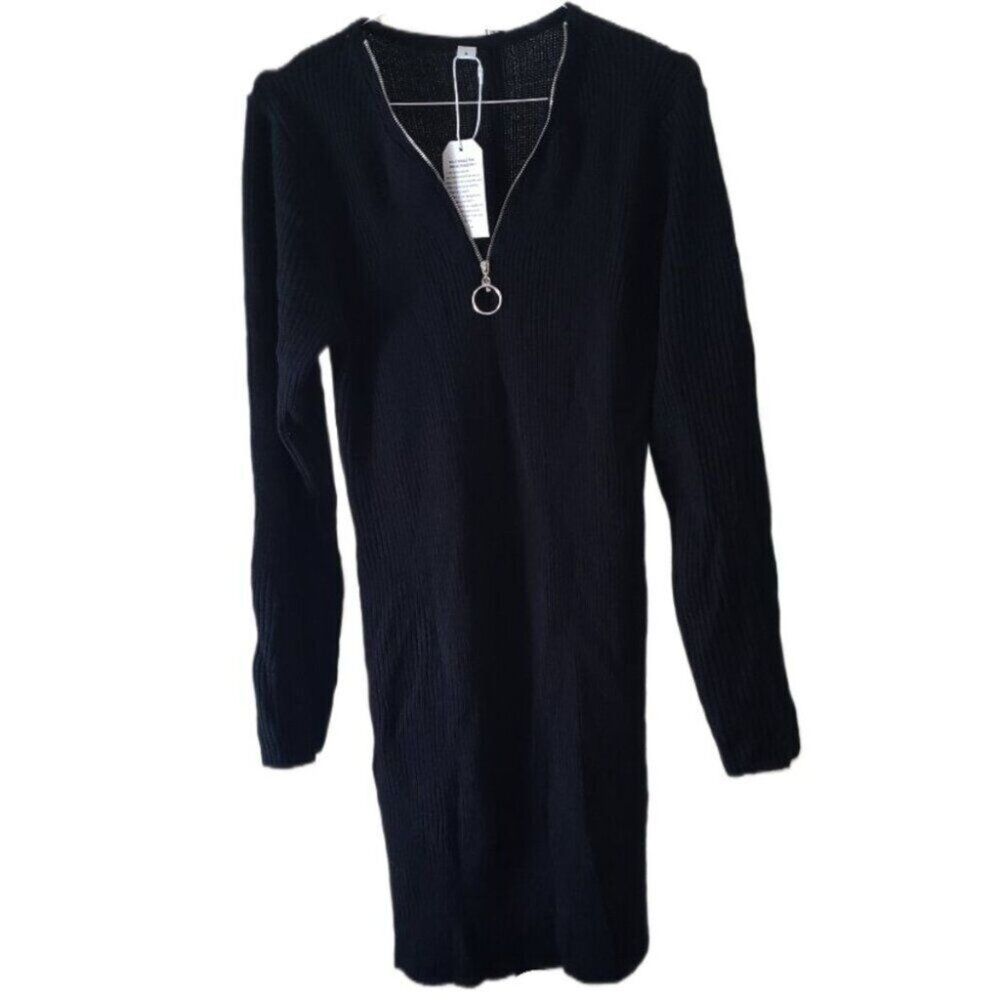 New Made with Love Women's Black Ribbed Sweater with 1/4 Zip Neckline